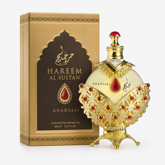 Decorative perfume bottle with 'Hareem Al Sultan' packaging on a white background