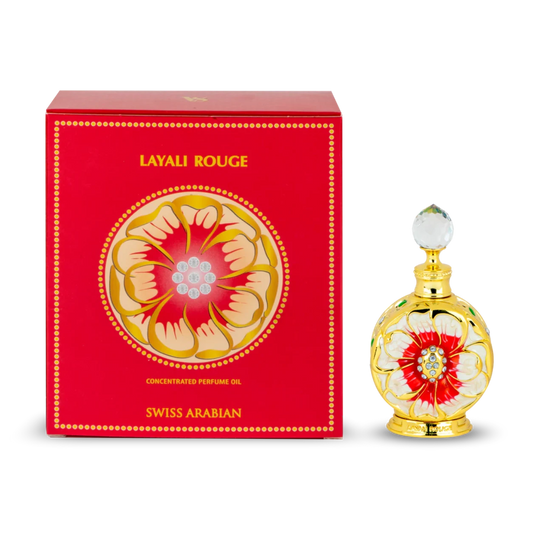 Swiss Arabian Layali Rouge perfume bottle and packaging on a white background