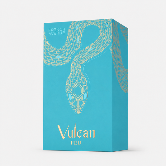 Blue box with gold snake design and 'Vulcan' branding on a white background