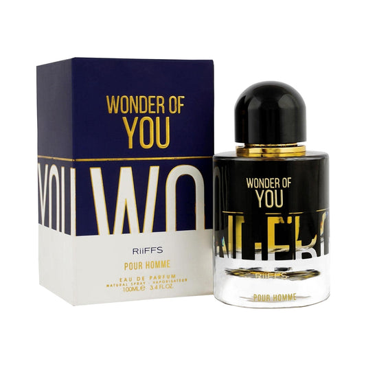 Ruffs Wonder of You Pour Homme Eau de Parfum bottle and its packaging box, featuring a black and gold design on a white background.