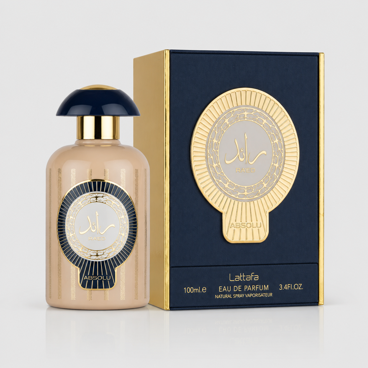 Lattafa perfume bottle and packaging on a light gray background