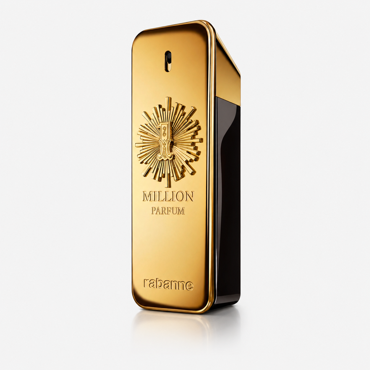 Gold perfume bottle with 'MILLION PARFUM' and 'rabanne' branding on a white background