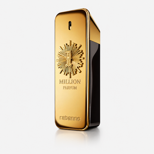 Gold perfume bottle with 'MILLION PARFUM' and 'rabanne' branding on a white background