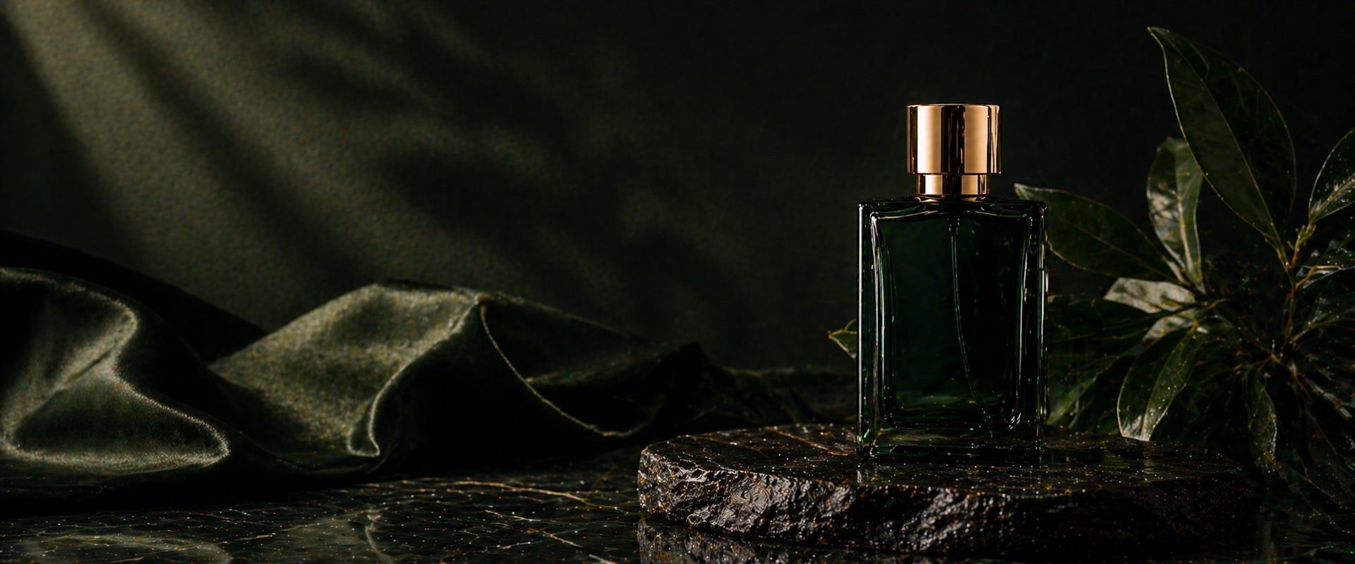 Green perfume bottle with a gold cap on a dark background