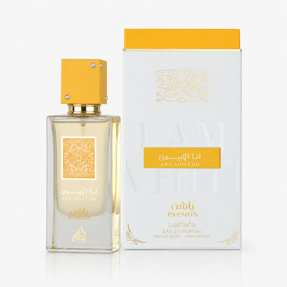 Perfume bottle and packaging with gold accents on a white background