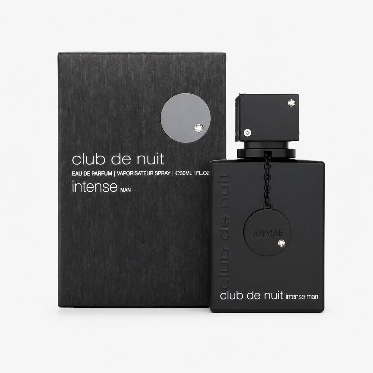 Black 'club de nuit intense' Armaf perfume bottle and packaging on a white background