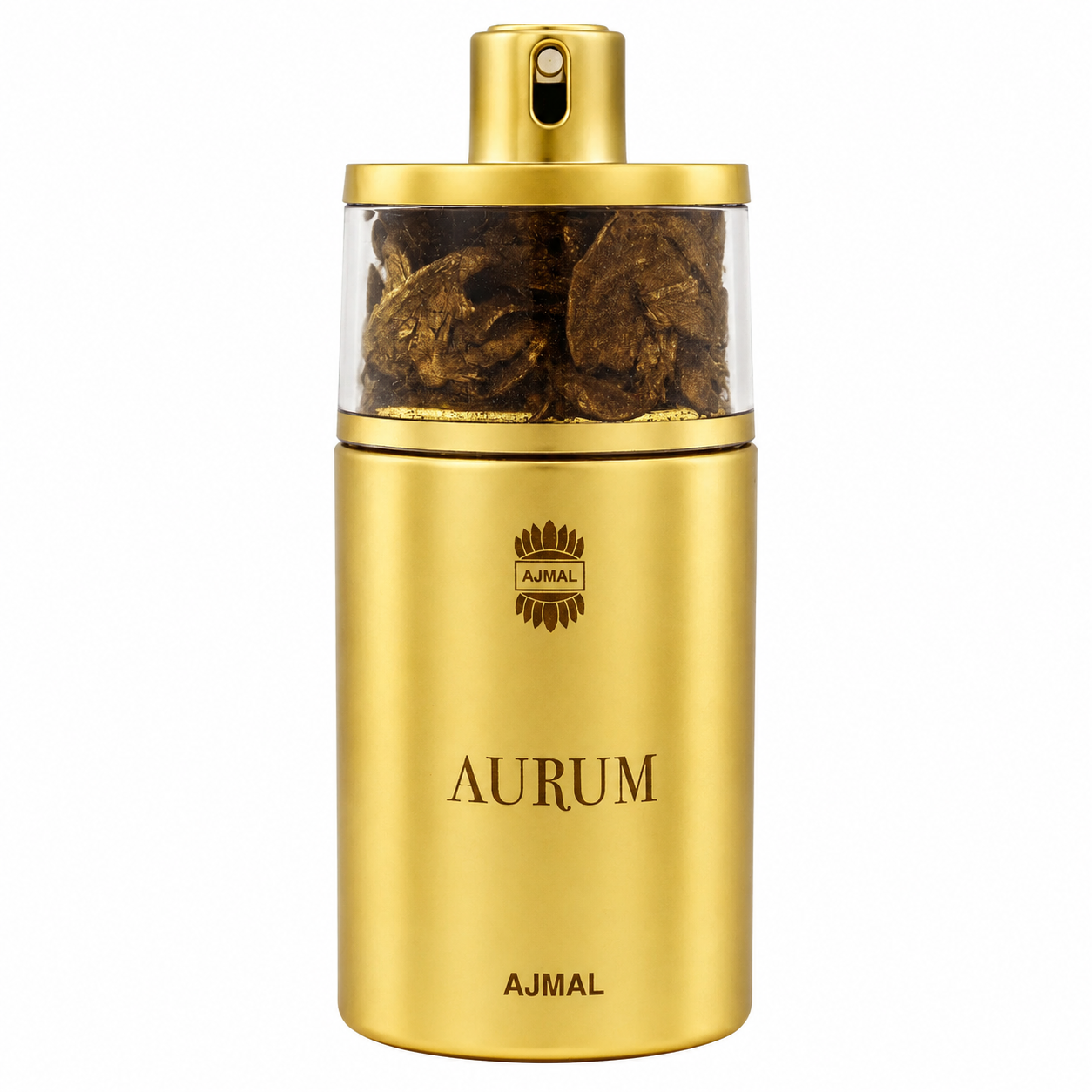 Gold Ajmal Aurum perfume bottle on a white background