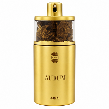 Gold Ajmal Aurum perfume bottle on a white background