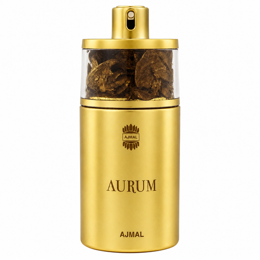 Gold Ajmal Aurum perfume bottle on a white background