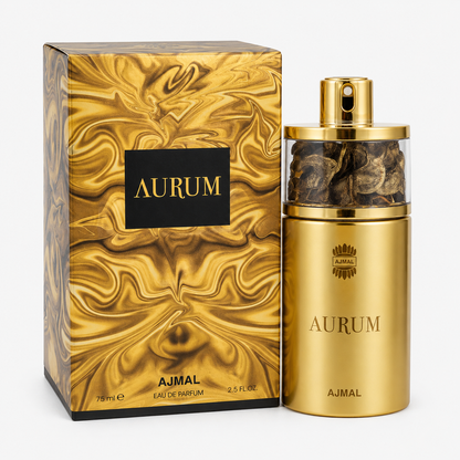 Gold 'Aurum' perfume bottle and packaging on a white background