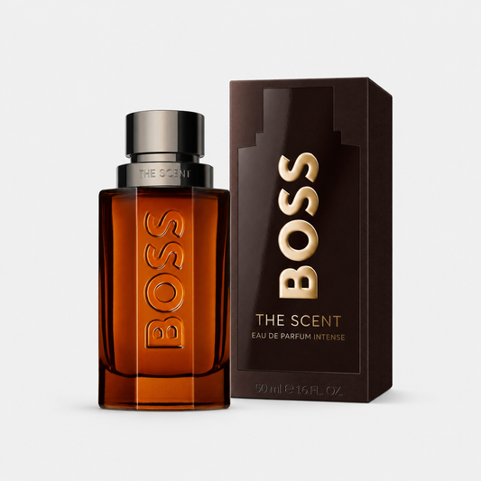 BOSS The Scent Eau de Parfum Intense bottle and packaging on a light gray background