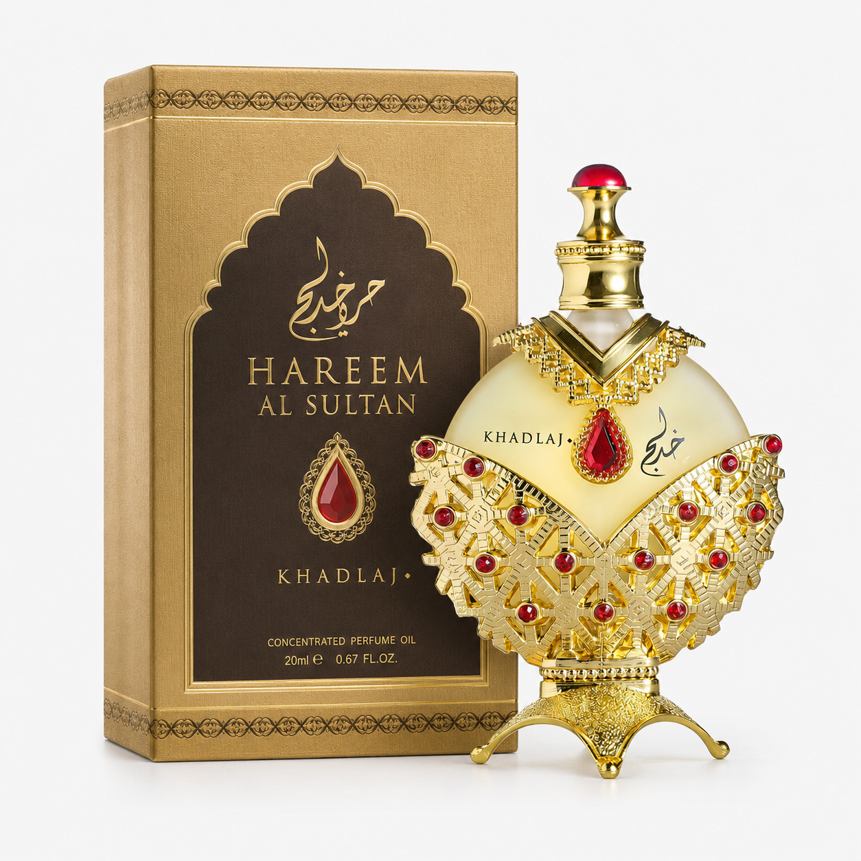 Decorative perfume bottle with 'Hareem Al Sultan' packaging on a white background