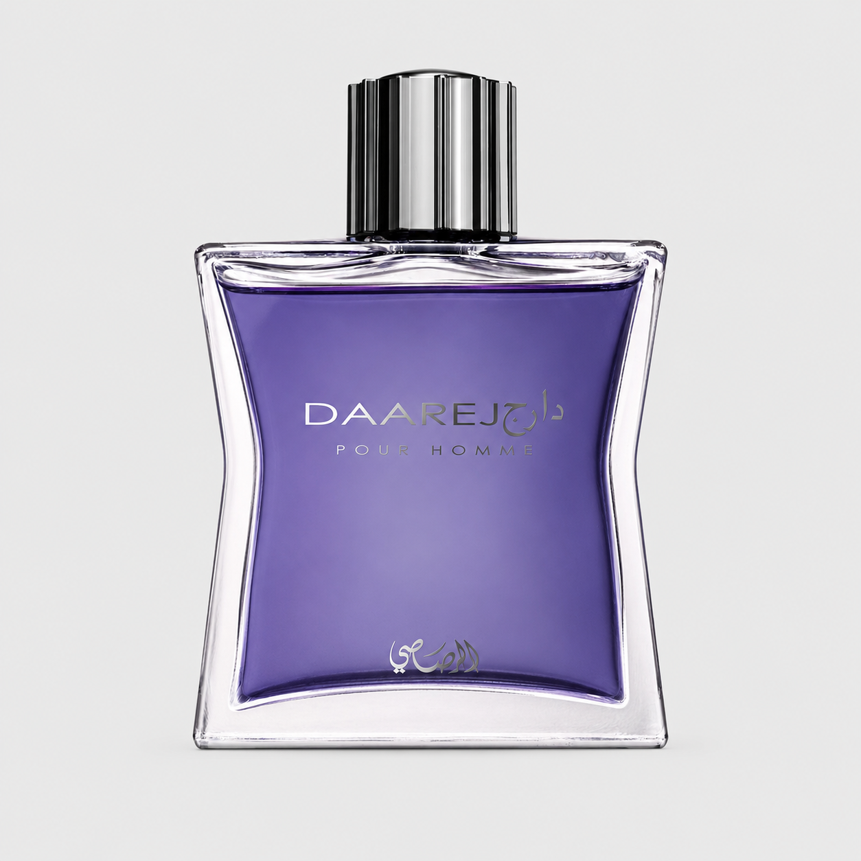 A bottle of Daarej Pour Homme fragrance with a purple liquid inside a clear glass bottle and a shiny silver cap, set against a light gray background.