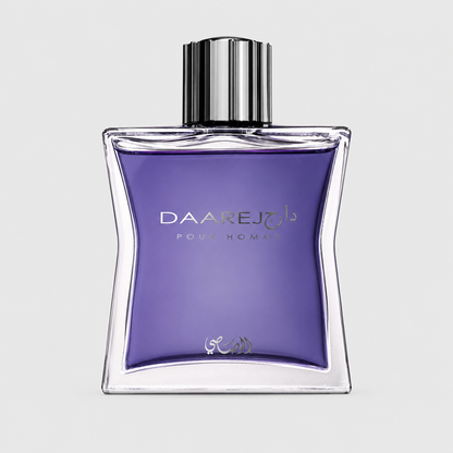 A bottle of Daarej Pour Homme fragrance with a purple liquid inside a clear glass bottle and a shiny silver cap, set against a light gray background.