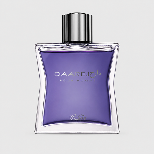A bottle of Daarej Pour Homme fragrance with a purple liquid inside a clear glass bottle and a shiny silver cap, set against a light gray background.