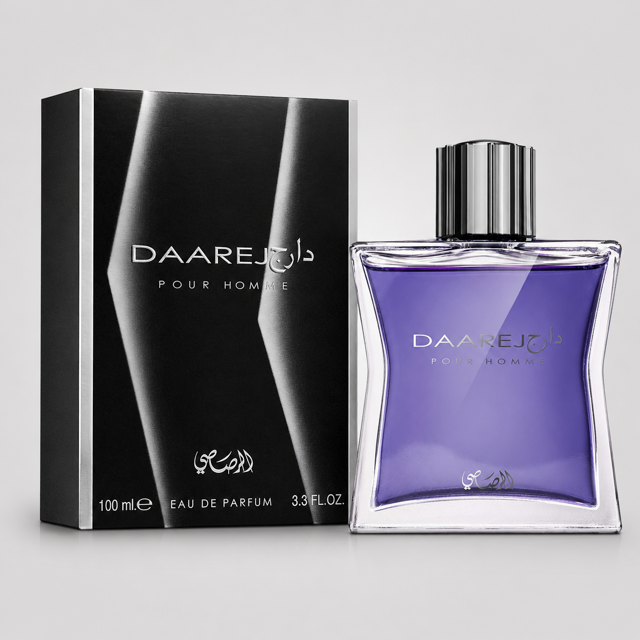 A bottle of Daarej Pour Homme eau de parfum with a purple liquid in a clear glass bottle, shown next to its black and silver packaging box on a light gray background.