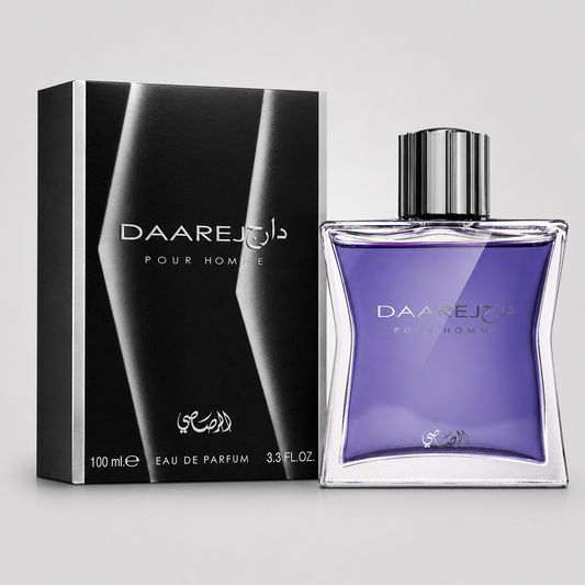A bottle of Daarej Pour Homme eau de parfum with a purple liquid in a clear glass bottle, shown next to its black and silver packaging box on a light gray background.
