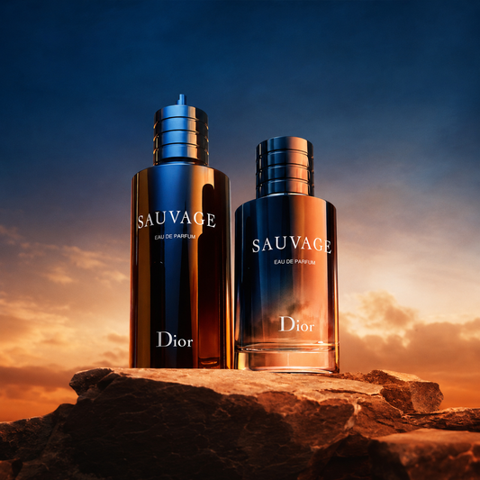 Two Dior Sauvage perfume bottles on a rocky surface with a sunset sky.