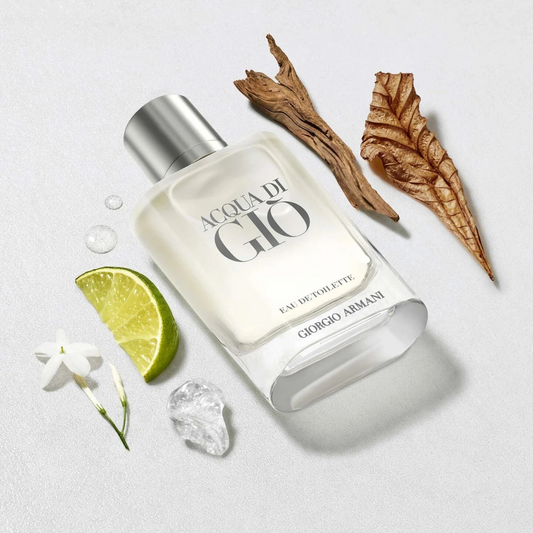 Giorgio Armani Acqua di Gio perfume bottle with decorative elements on a light background