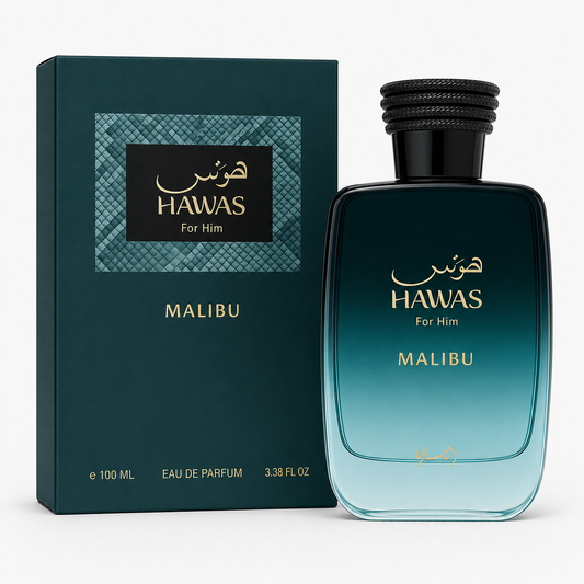 Hawas Malibu perfume bottle and packaging on a white background