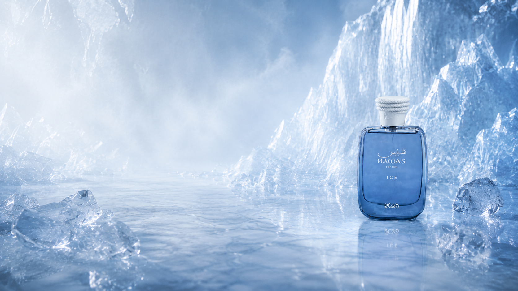 Blue perfume bottle in a snowy landscape with ice formations