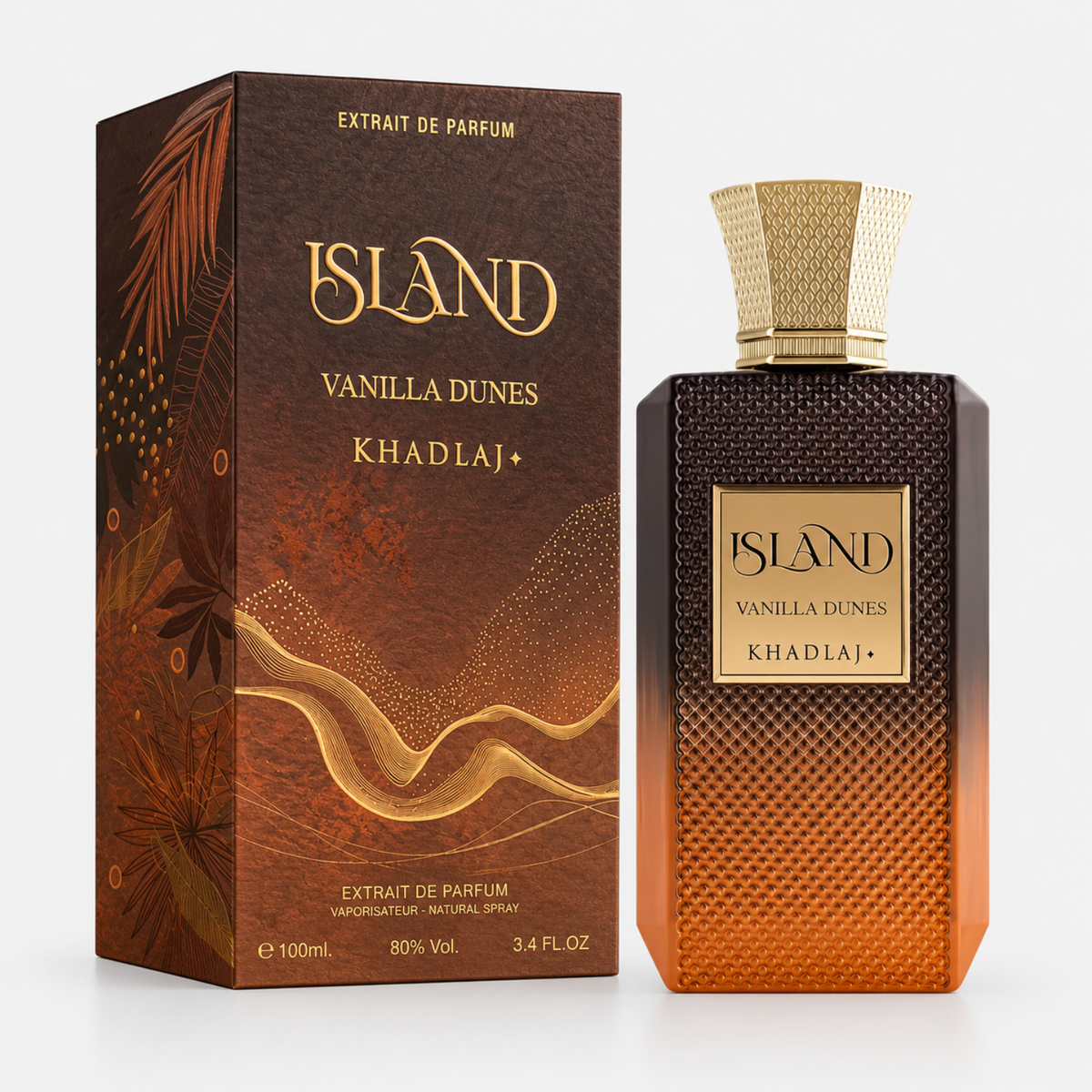 A bottle of Island Vanilla Dunes Khadlaj+ perfume spray next to its brown packaging box, both featuring a textured gradient design from dark brown to orange with gold lettering and accents.