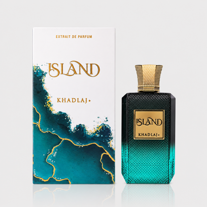 Perfume bottle and packaging of 'Island' by Khadlaj on a light gray background