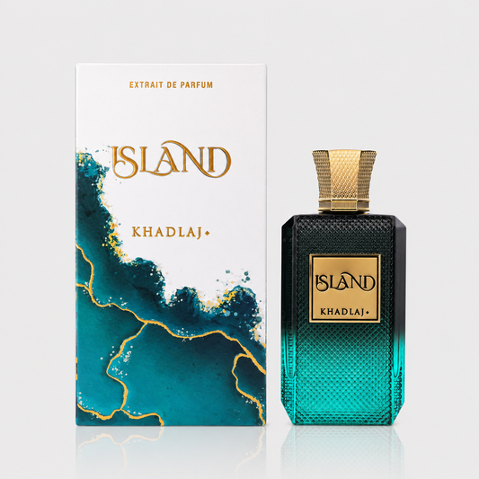 Perfume bottle and packaging of 'Island' by Khadlaj on a light gray background