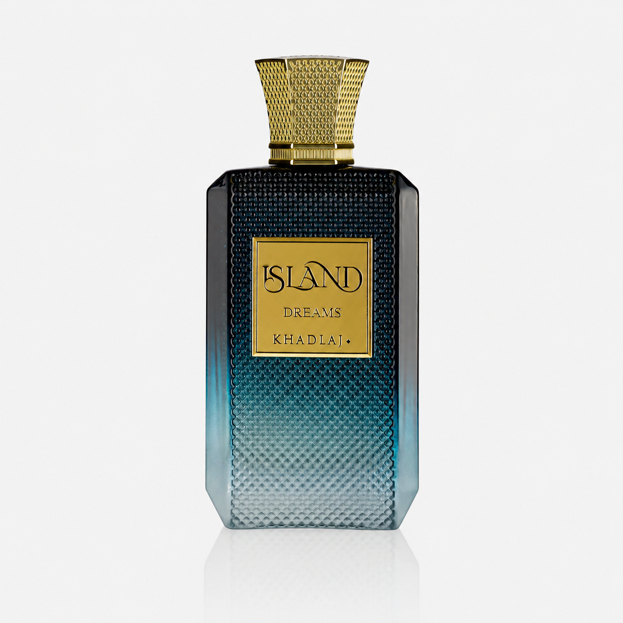 Perfume bottle with textured design and gold accents on a white background