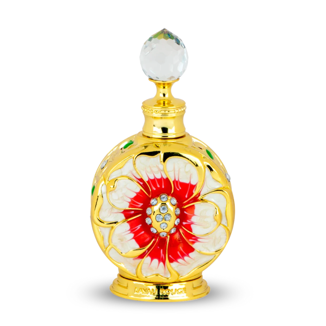 Decorative perfume bottle with floral design on a white background