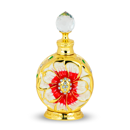 Decorative perfume bottle with floral design on a white background
