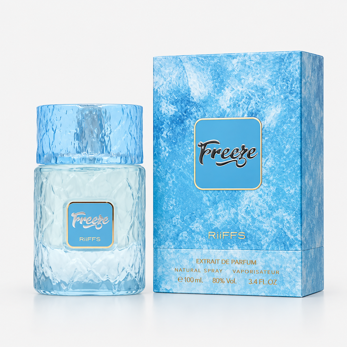 A light blue textured perfume bottle with a matching blue cap stands next to its blue packaging box on a clean white background. The labels read 'Freeze' and 'RUFFS'.