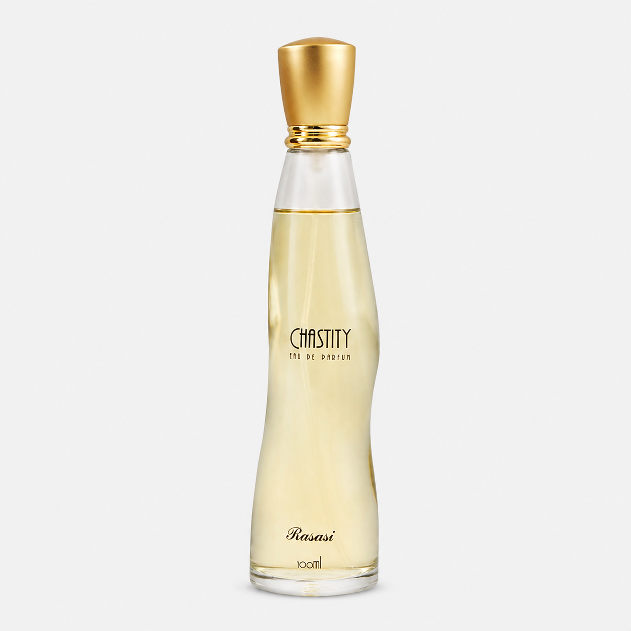 A bottle of Rassai Chastity Eau de Parfum with a curved clear glass body showing pale yellow liquid, a metallic gold cap, and gold detailing, set against a light gray background.