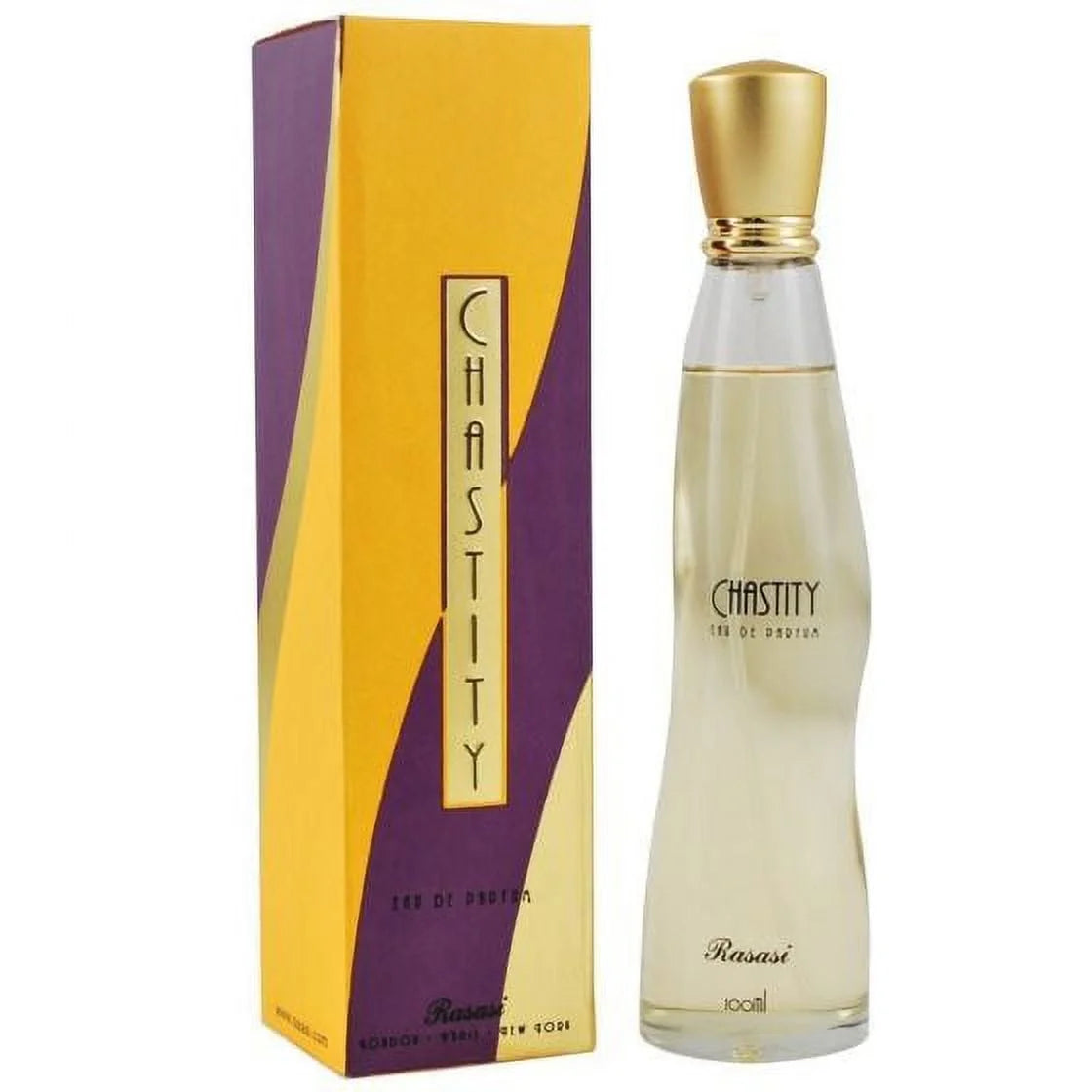 Perfume bottle and packaging with 'Chastity' branding on a white background