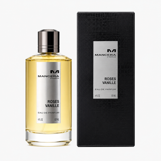 Mancera Roses Vanille perfume bottle and packaging on a white background