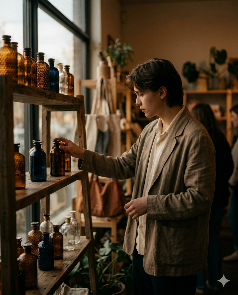 Person interacting with vintage glass bottles on a wooden shelf in a cozy indoor setting.