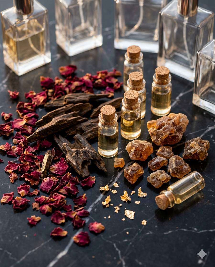 Small bottles of essential oils with dried flowers and herbs on a dark surface
