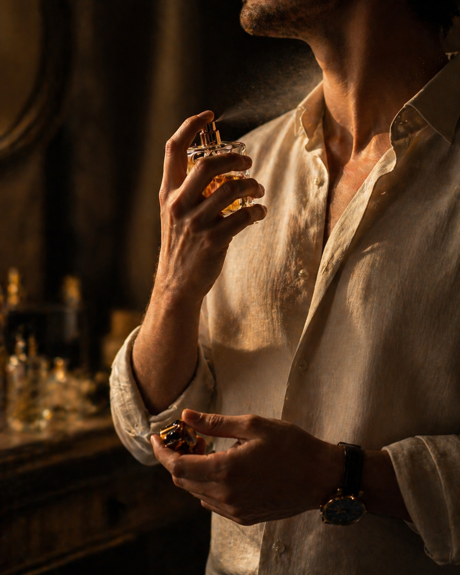Man holding a glass of whiskey with a lit lighter in a dimly lit room.