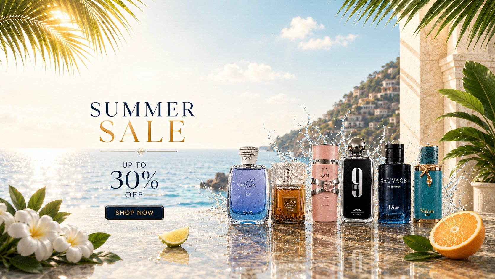Perfume bottles on a table with a scenic background and summer sale text.