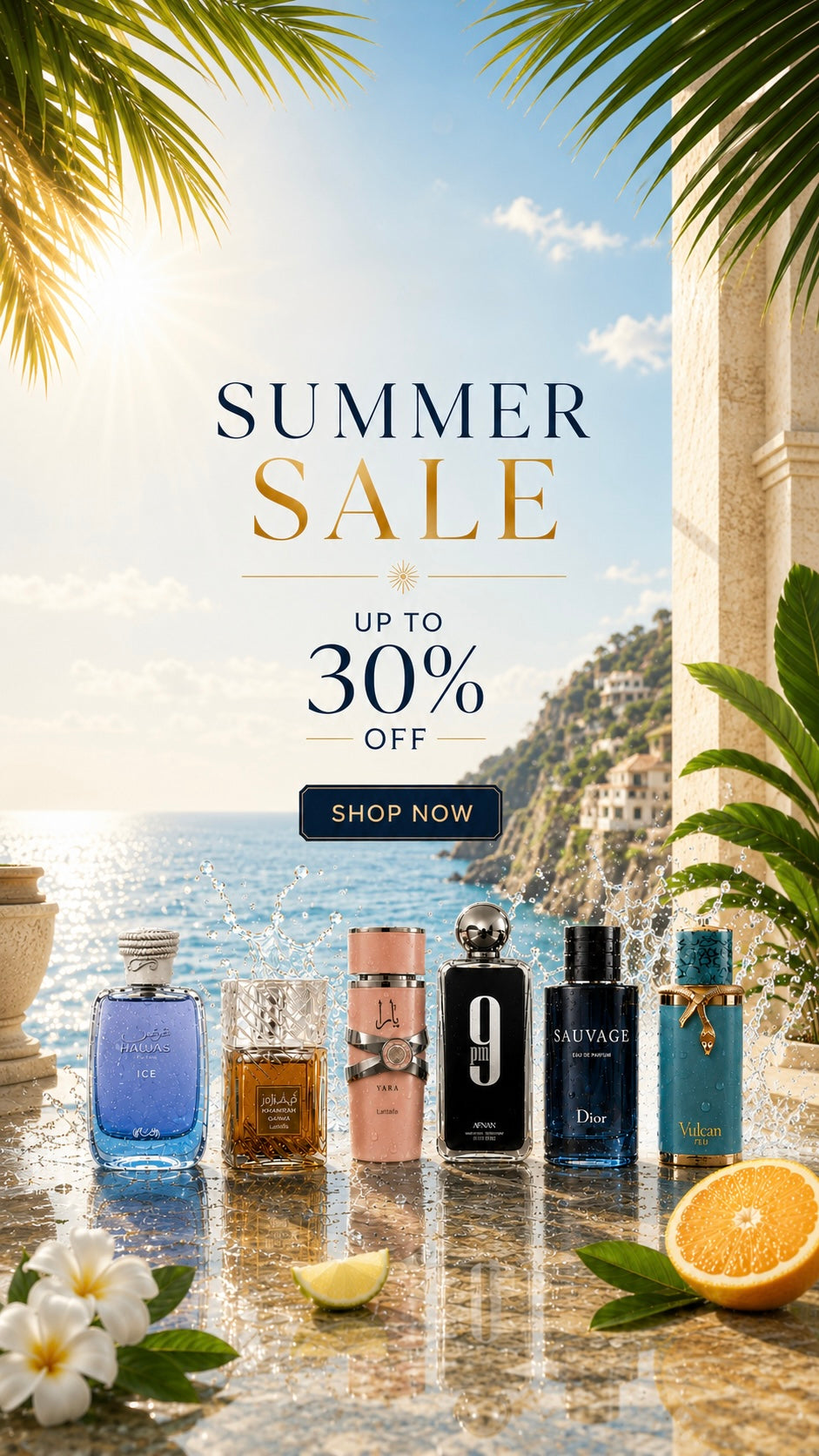 Summer sale advertisement with perfume bottles on a scenic background