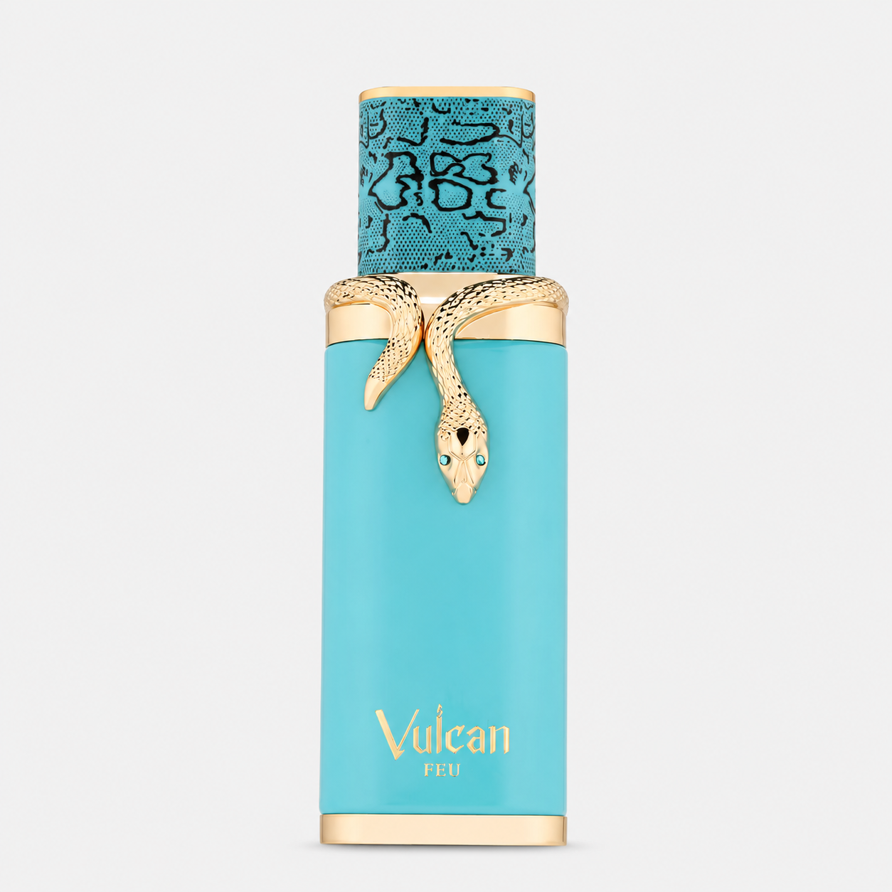 Turquoise perfume bottle with gold accents and 'Vulcan' branding on a light gray background