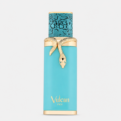Turquoise perfume bottle with gold accents and 'Vulcan' branding on a light gray background
