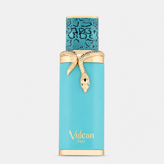 Turquoise perfume bottle with gold accents and 'Vulcan' branding on a light gray background