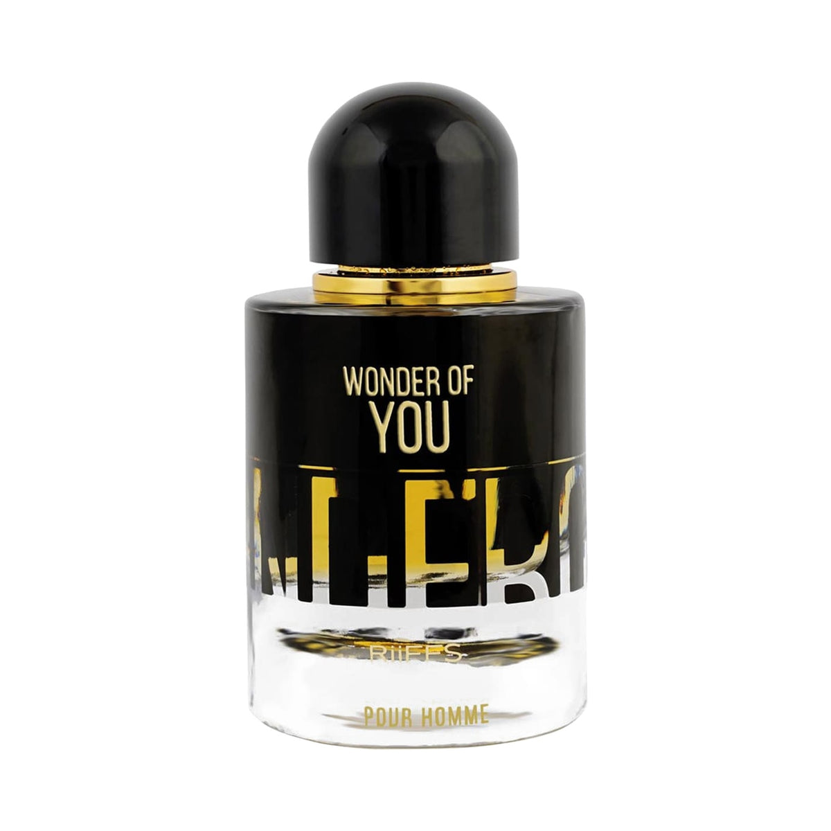 A bottle of Guerlain 'Wonder of You' Pour Homme fragrance, featuring a black glass bottle with gold lettering and a black cap, set against a plain white background.
