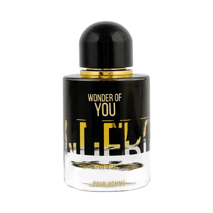 A bottle of Guerlain 'Wonder of You' Pour Homme fragrance, featuring a black glass bottle with gold lettering and a black cap, set against a plain white background.
