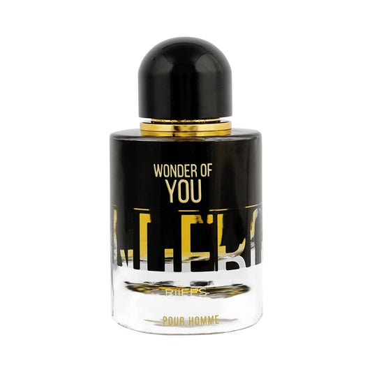 A bottle of Guerlain 'Wonder of You' Pour Homme fragrance, featuring a black glass bottle with gold lettering and a black cap, set against a plain white background.