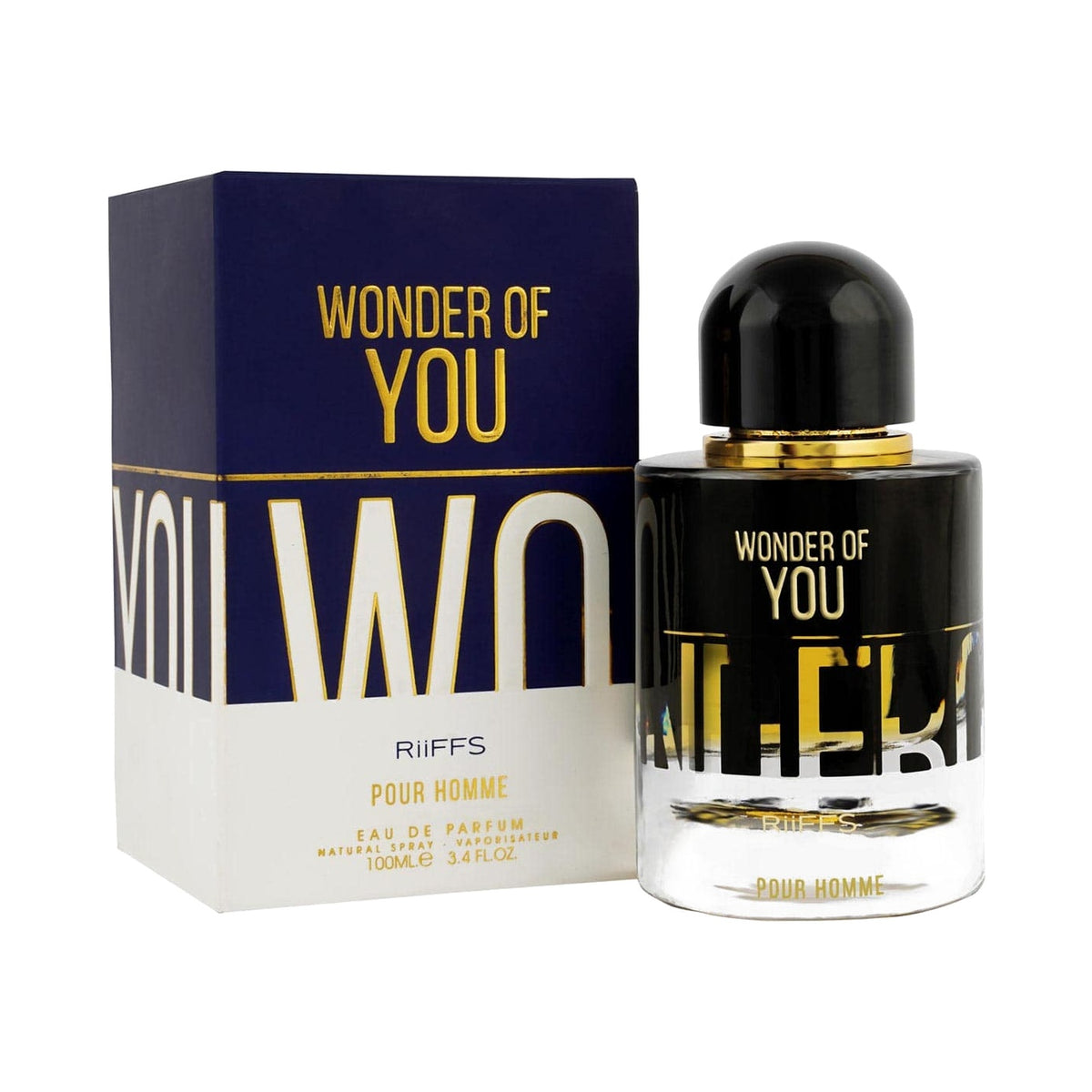 Ruffs Wonder of You Pour Homme Eau de Parfum bottle and its packaging box, featuring a black and gold design on a white background.