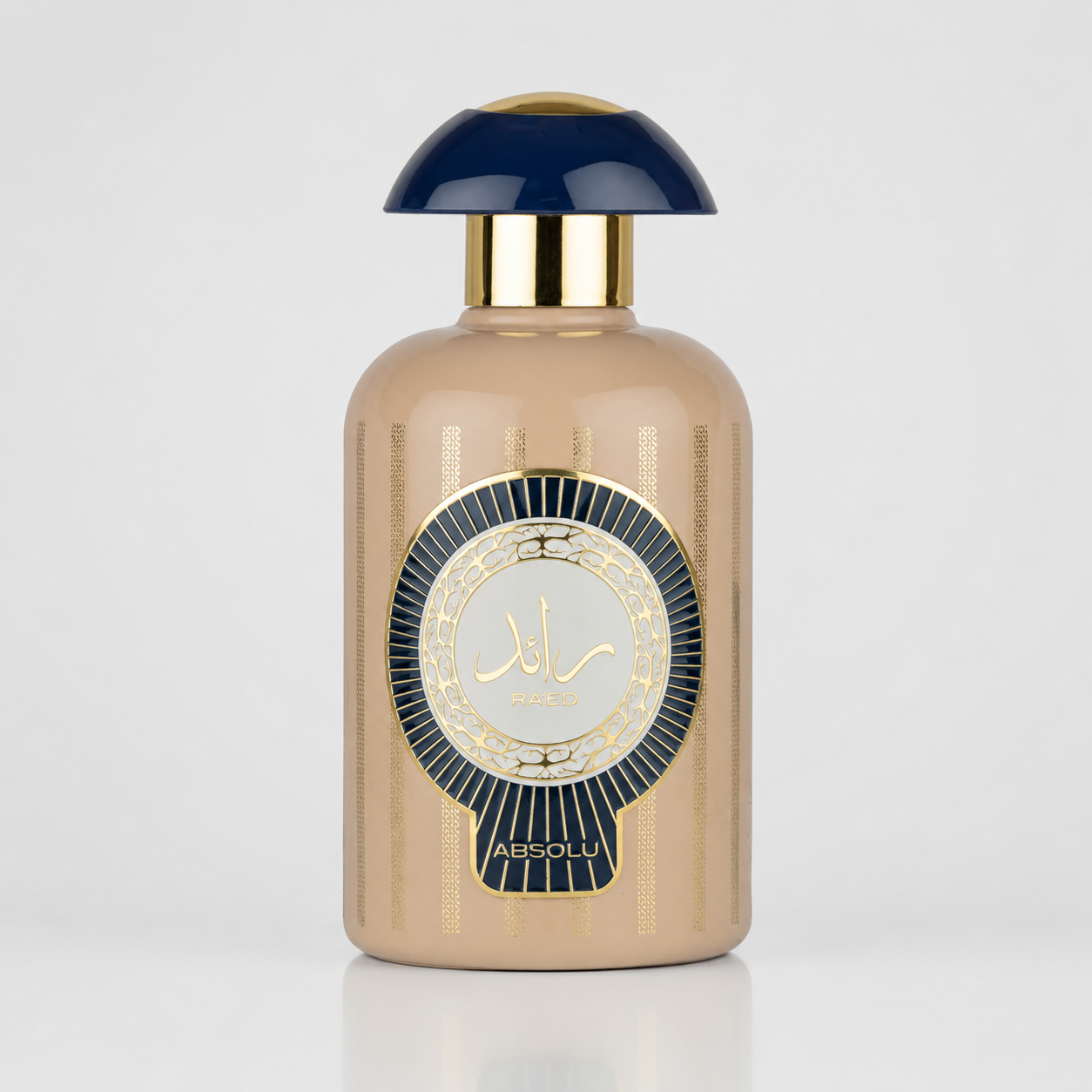 Perfume bottle with gold cap and detailed label on a light gray background