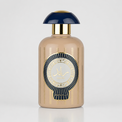 Perfume bottle with gold cap and detailed label on a light gray background