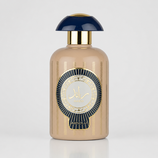 Perfume bottle with gold cap and detailed label on a light gray background